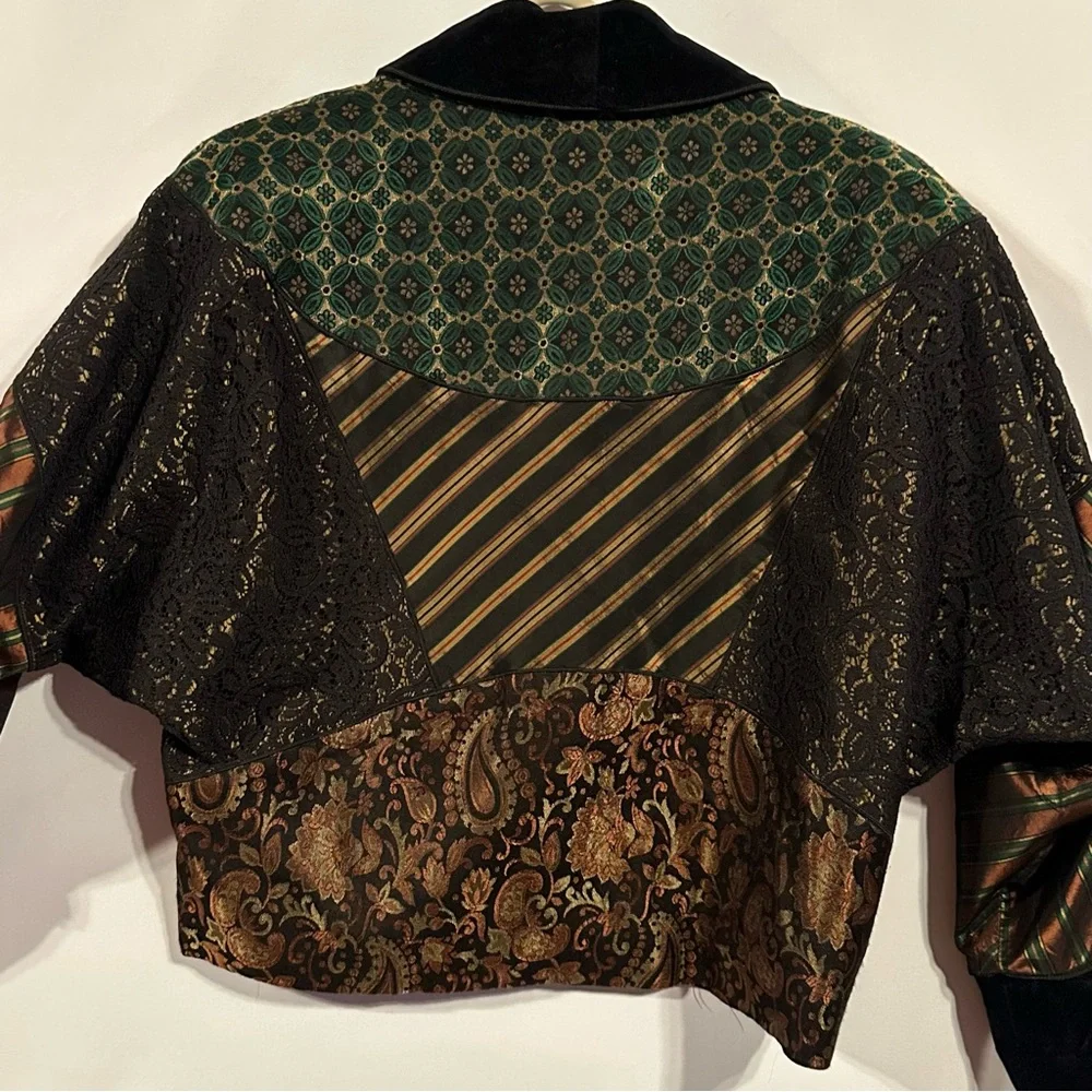 VTG Susan Bristol Patchwork Blazer Jacket Size S Mixed Media Velvet Lace Brocade